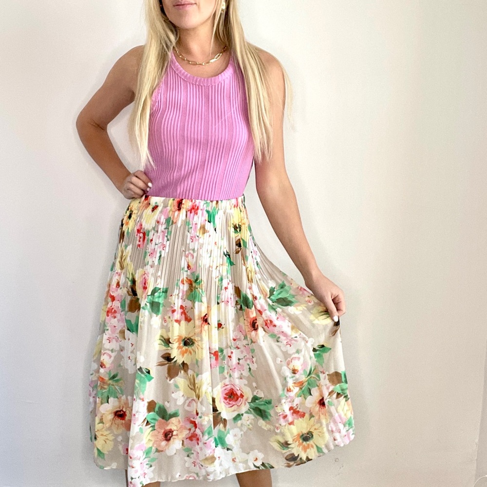 Tan, Pink, White, Yellow Floral Pleated Skirt